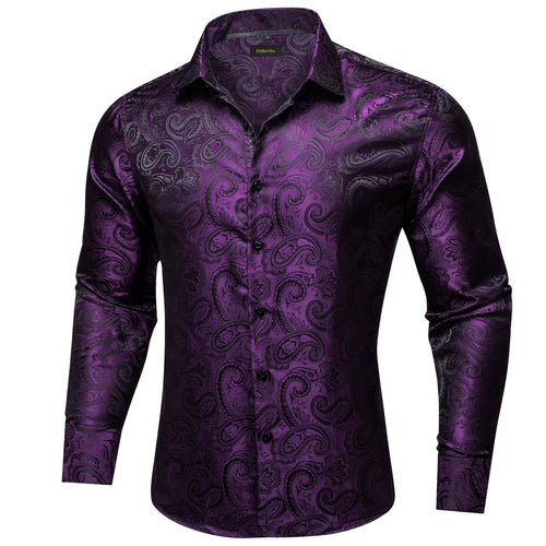 Black Men's Long Sleeve Floral Beaded Turn-Down Collar Slim Fit Casual Shirt Dobby Fabric Four Season